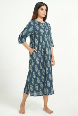 Blue cotton floral printed casual dress for women 3