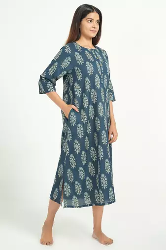 Blue cotton floral printed casual dress for women