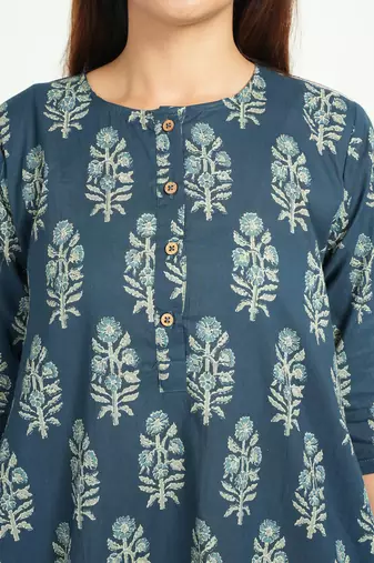Blue cotton floral printed casual dress for women
