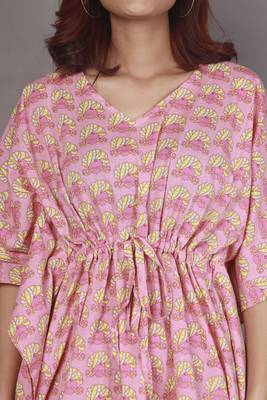 Pink floral printed cotton kaftan co-ord set for women 4
