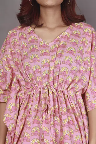 Pink floral printed cotton kaftan co-ord set for women