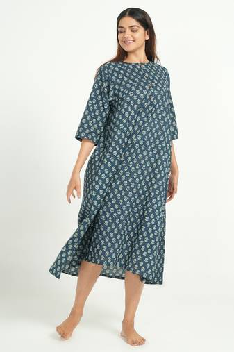 Blue cotton floral printed casual dress for women