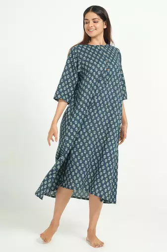 Blue cotton floral printed casual dress for women