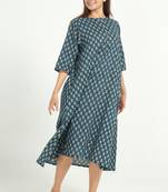 Blue cotton floral printed casual dress for women