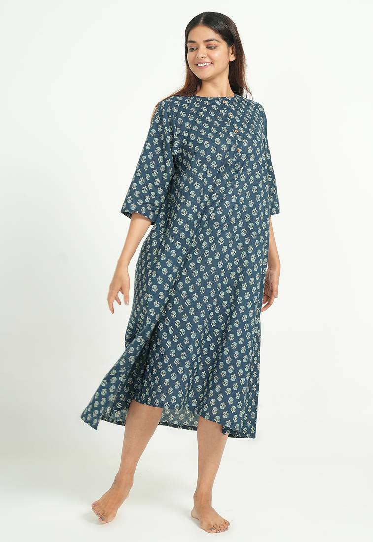 Blue cotton floral printed casual dress for women