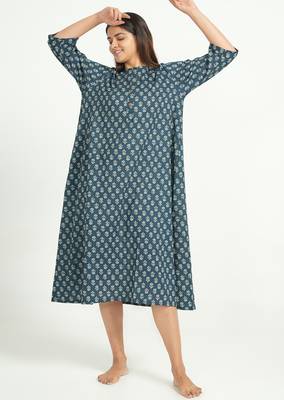 Blue cotton floral printed casual dress for women 2