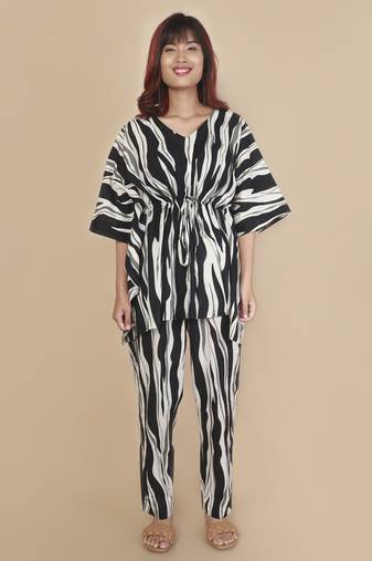 Black stripe printed cotton kaftan co-ord set for women