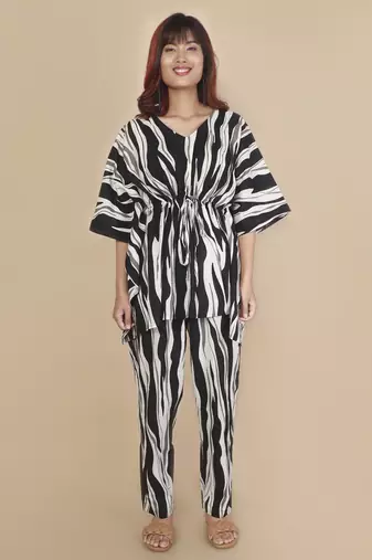 Black stripe printed cotton kaftan co-ord set for women