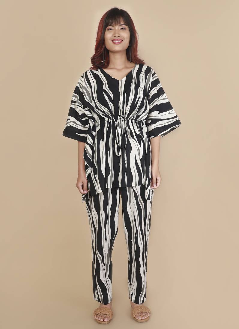 Black stripe printed cotton kaftan co-ord set for women