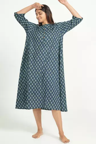 Blue cotton floral printed casual dress for women
