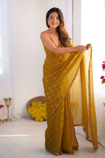 Gold color nc chiffon checks woven saree with cut dana lace border