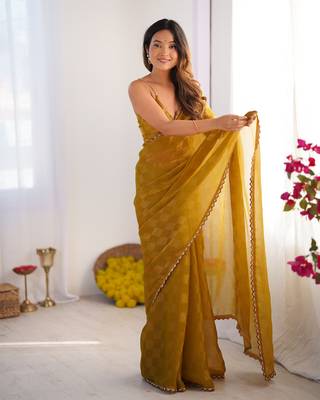 Gold color nc chiffon checks woven saree with cut dana lace border 1