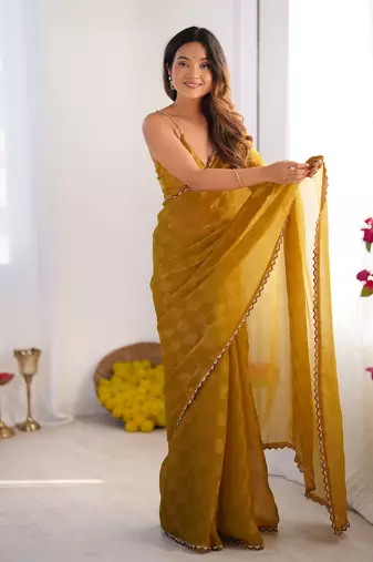 Gold color nc chiffon checks woven saree with cut dana lace border