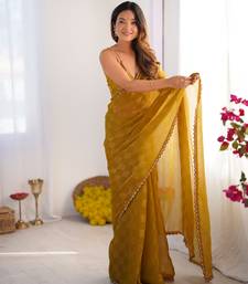 Gold color nc chiffon checks woven saree with cut dana lace border