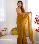 Gold color nc chiffon checks woven saree with cut dana lace border