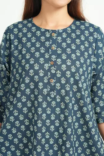 Blue cotton floral printed casual dress for women