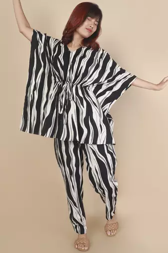 Black stripe printed cotton kaftan co-ord set for women