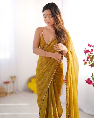 Gold color nc chiffon checks woven saree with cut dana lace border 2