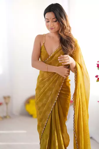 Gold color nc chiffon checks woven saree with cut dana lace border