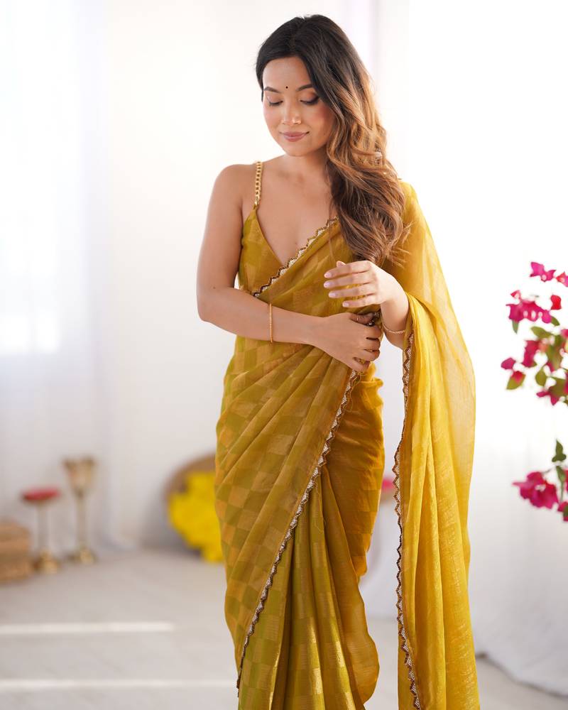 Gold color nc chiffon checks woven saree with cut dana lace border