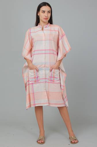 Peach checks printed cotton casual kaftan dress for women