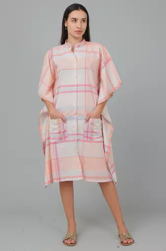 Peach checks printed cotton casual kaftan dress for women