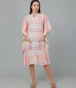 Peach checks printed cotton casual kaftan dress for women