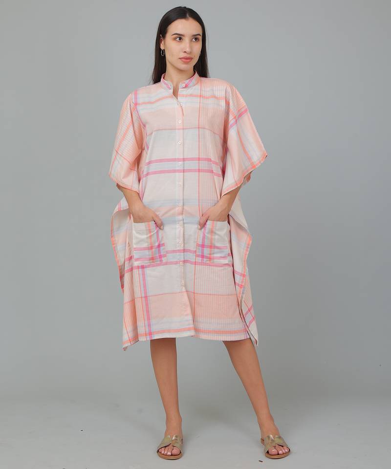 Peach checks printed cotton casual kaftan dress for women