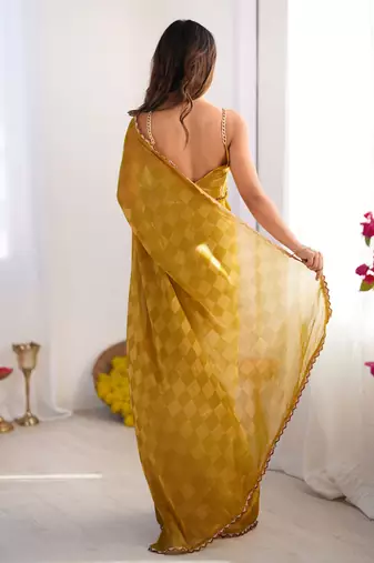 Gold color nc chiffon checks woven saree with cut dana lace border