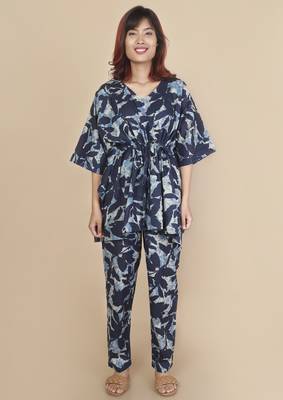 Blue floral printed cotton kaftan co-ord set for women 1