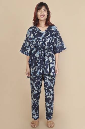 Blue floral printed cotton kaftan co-ord set for women