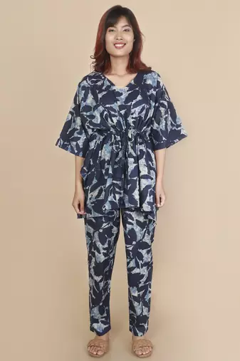 Blue floral printed cotton kaftan co-ord set for women
