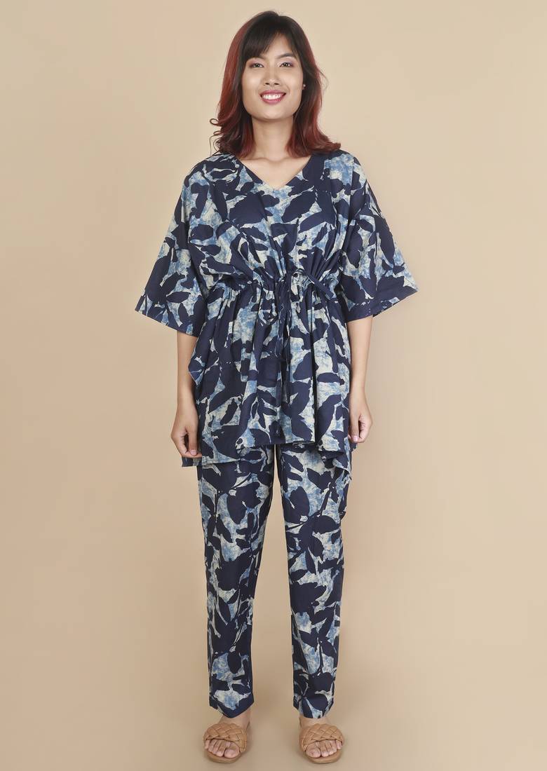 Blue floral printed cotton kaftan co-ord set for women