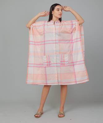 Peach checks printed cotton casual kaftan dress for women 2