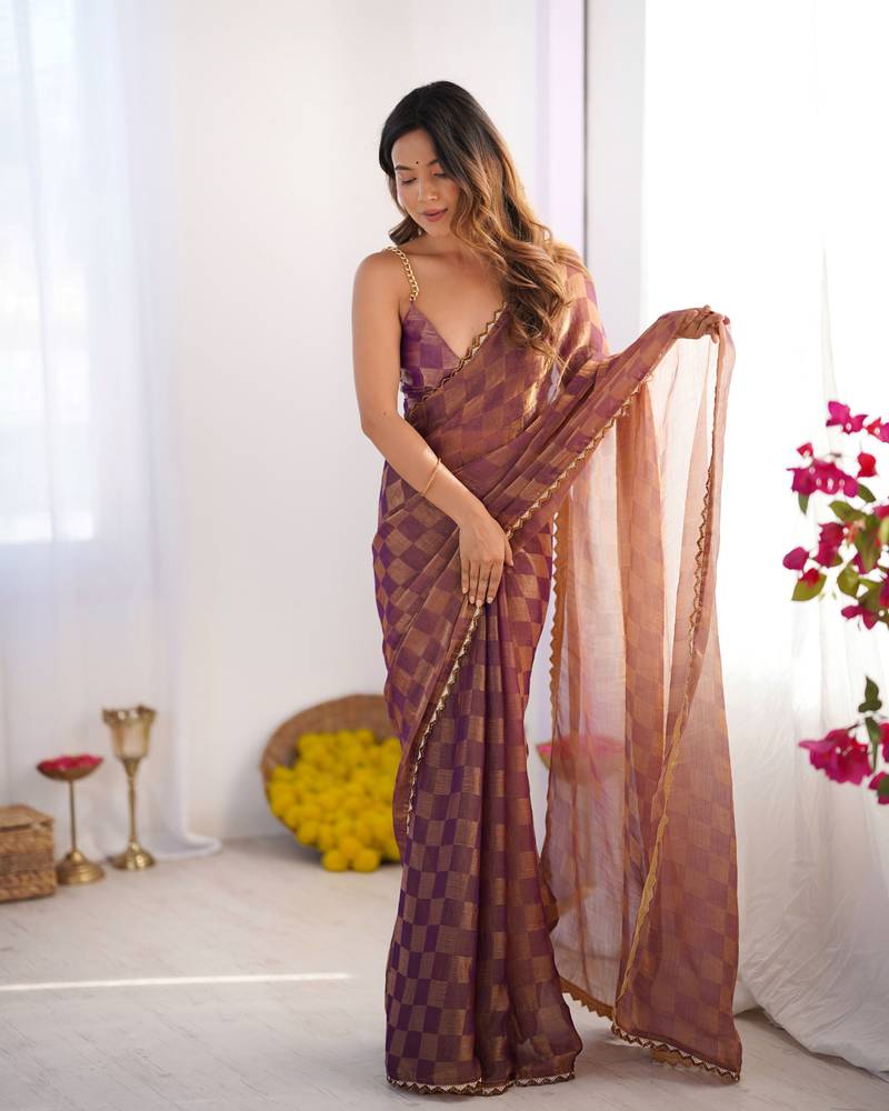 Gold color nc chiffon checks woven saree with cut dana lace border