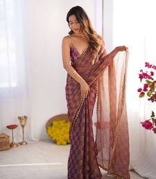 Gold color nc chiffon checks woven saree with cut dana lace border