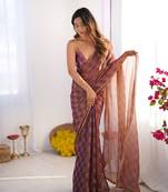 Gold color nc chiffon checks woven saree with cut dana lace border