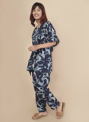 Blue floral printed cotton kaftan co-ord set for women 2