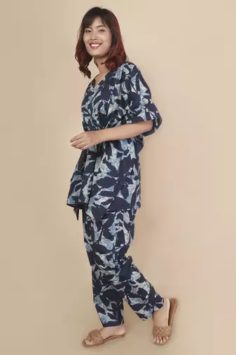 Blue floral printed cotton kaftan co-ord set for women