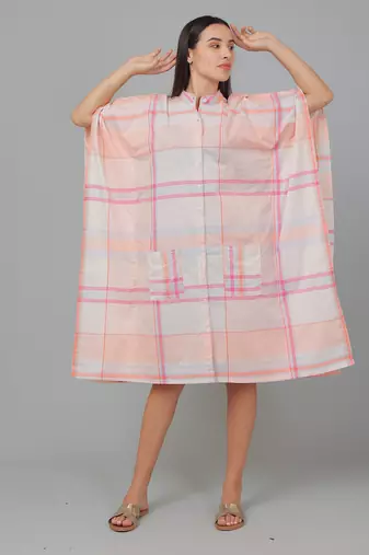 Peach checks printed cotton casual kaftan dress for women