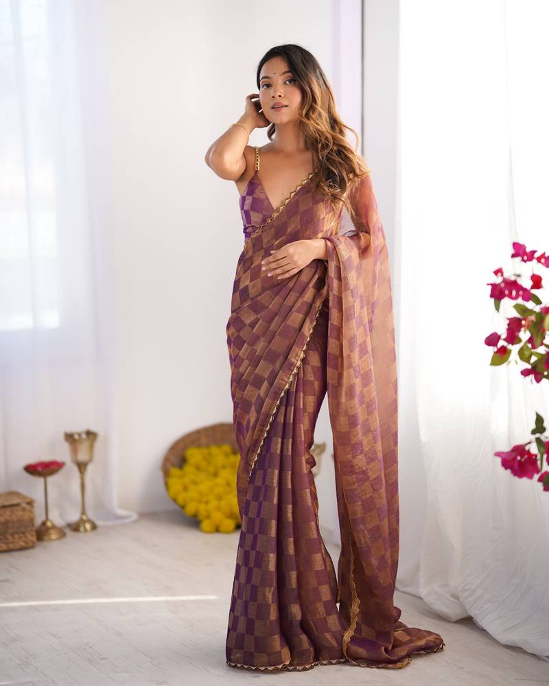 Gold color nc chiffon checks woven saree with cut dana lace border