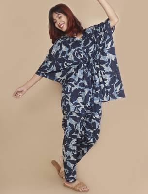 Blue floral printed cotton kaftan co-ord set for women 3