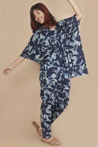 Blue floral printed cotton kaftan co-ord set for women