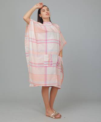 Peach checks printed cotton casual kaftan dress for women 4
