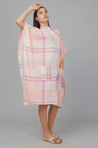 Peach checks printed cotton casual kaftan dress for women