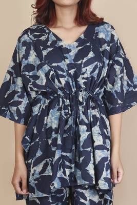 Blue floral printed cotton kaftan co-ord set for women 4