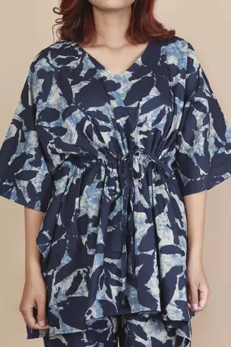 Blue floral printed cotton kaftan co-ord set for women
