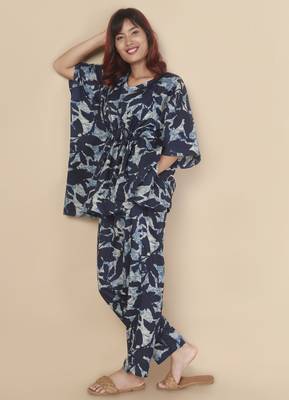 Blue floral printed cotton kaftan co-ord set for women 5