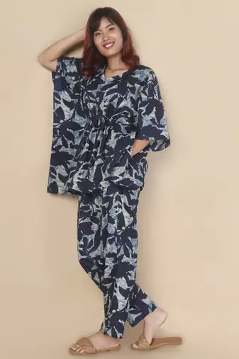 Blue floral printed cotton kaftan co-ord set for women