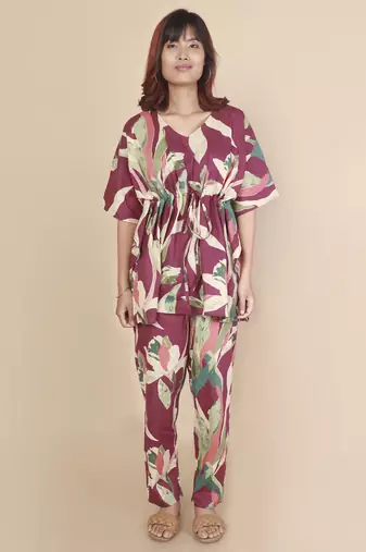 Wine floral printed cotton kaftan co-ord set for women